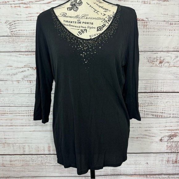 Eileen Fisher black half sleeve beaded 100%Silk medium scoop neck popover blouse - Picture 1 of 8